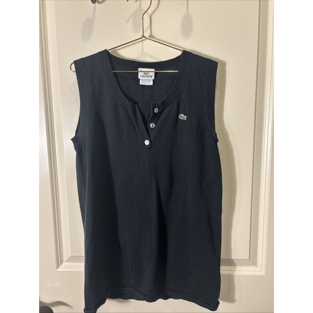 Lacoste Woman Sz 44 Sleeveless Black Polo Shirt Golf Tennis Casual Summer Preppy